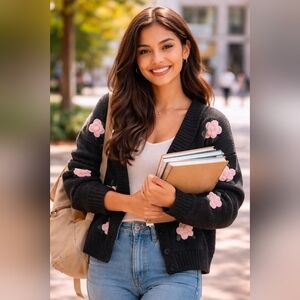 Luna Ivy Floral Applique Cardigan Sweater Black Pink Flowers Cottagecore Boho L